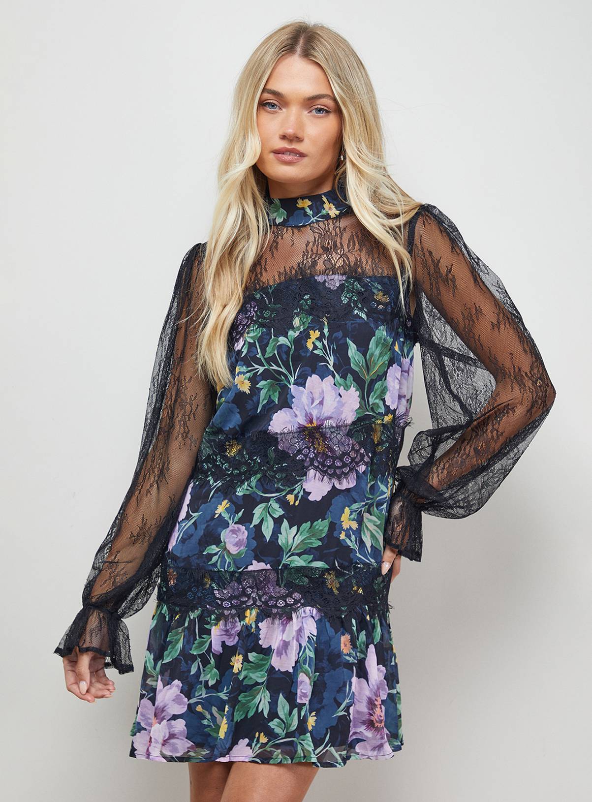 OASIS Printed Lace Tiered High Neck Balloon Sleeve Mini Dress 8 - Image 1